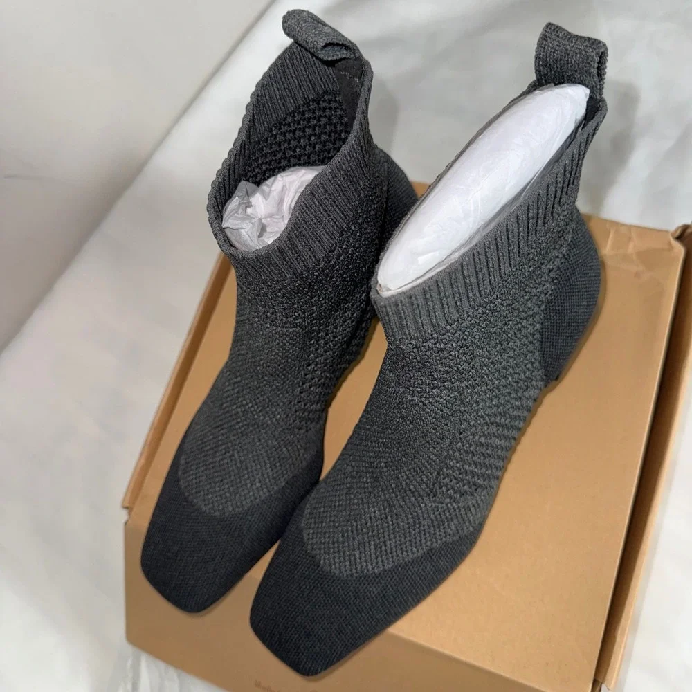VIVAIA Grey Knit Sock Ankle Boots‎ Block Heel Square Toe Size US 7.5 EU 38.5